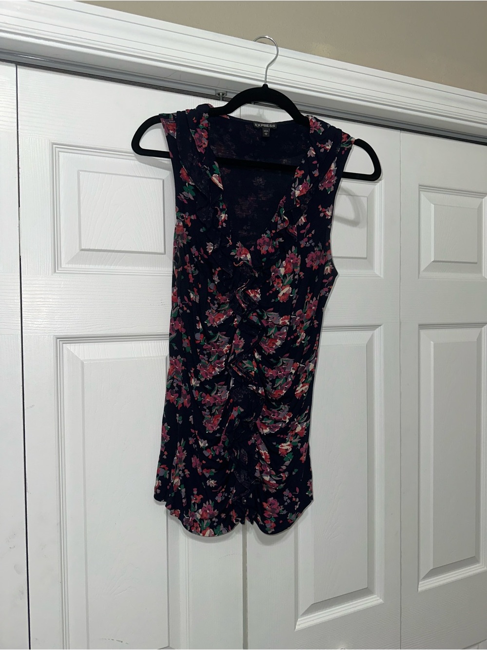 Express Navy Floral Ruffle Sleeveless Top